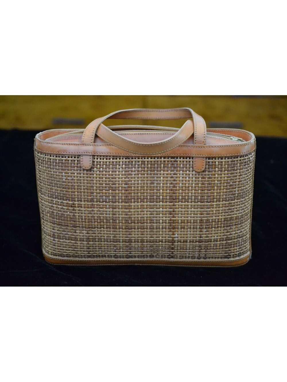 Tommy Bahama Woven Rattan Wicker Leather Trim Handbag Purse Tan Brown